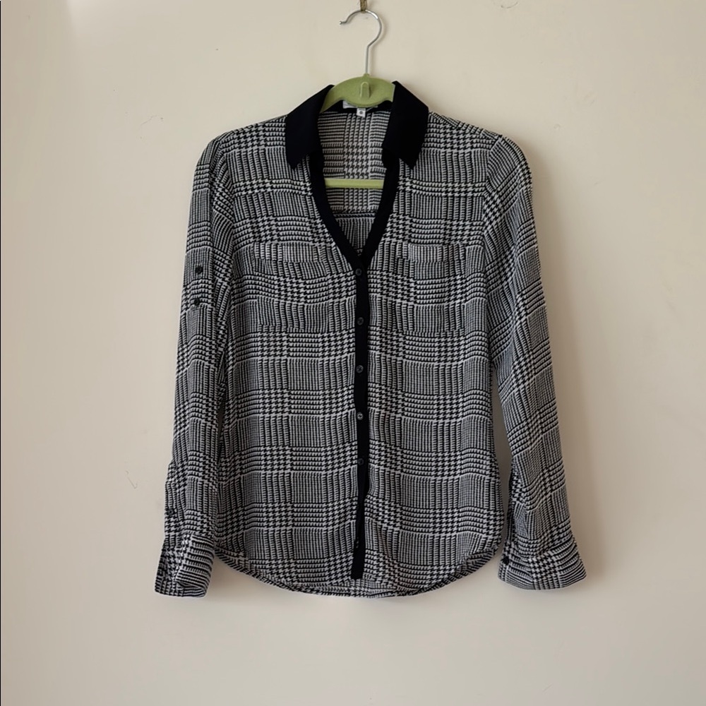 Black and White Plaid Button-Up Shirt Chiffon